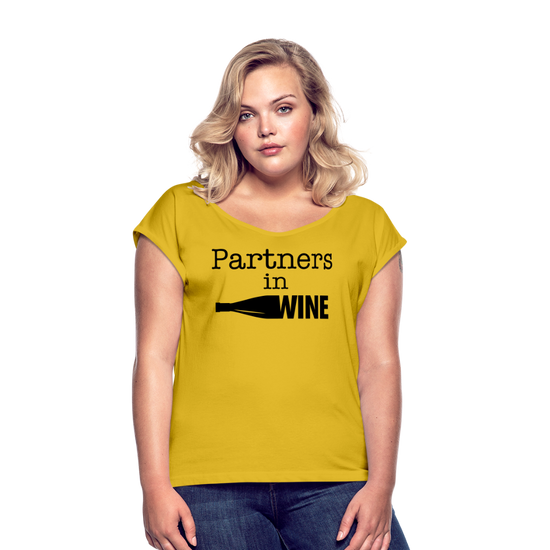Partners In Wine Roll Cuff T-Shirt - mustard yellow