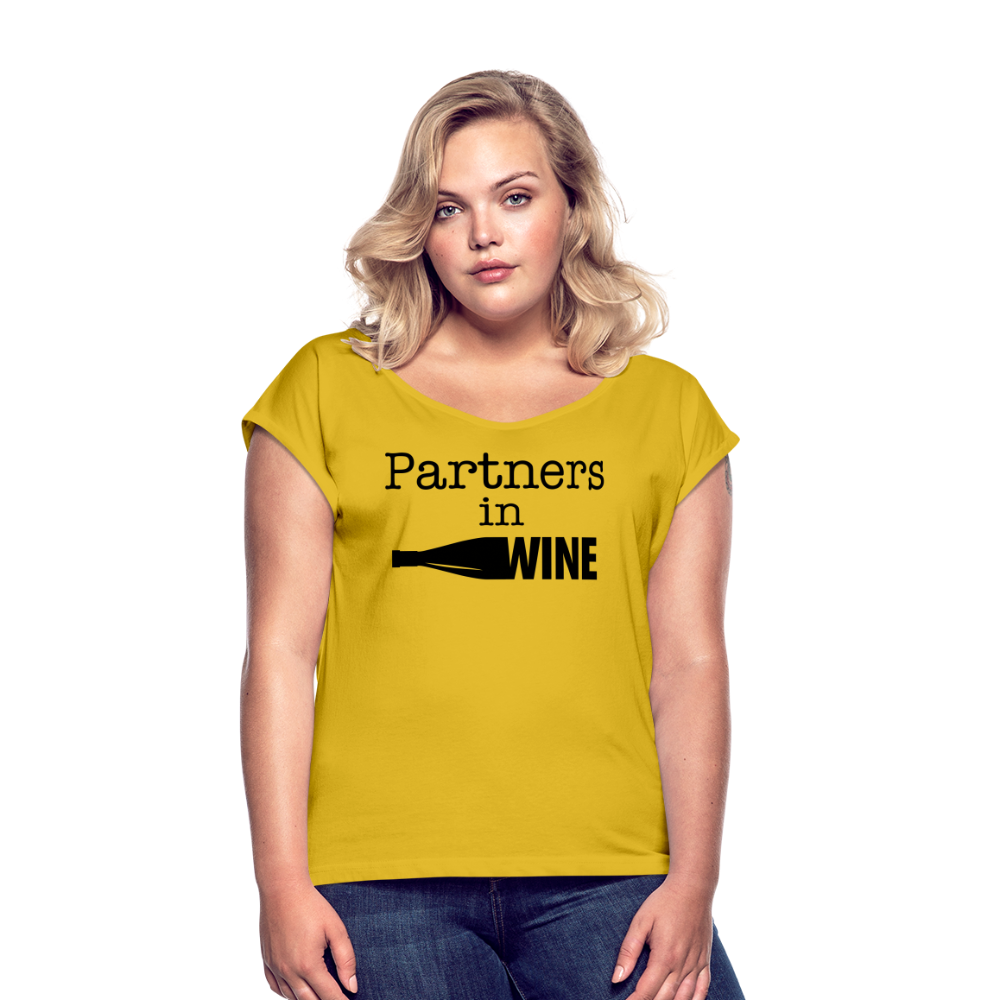Partners In Wine Roll Cuff T-Shirt - mustard yellow